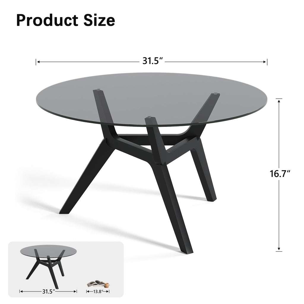 Round Glass Coffee Table, Soild Wood Base, 31.5" W, Black