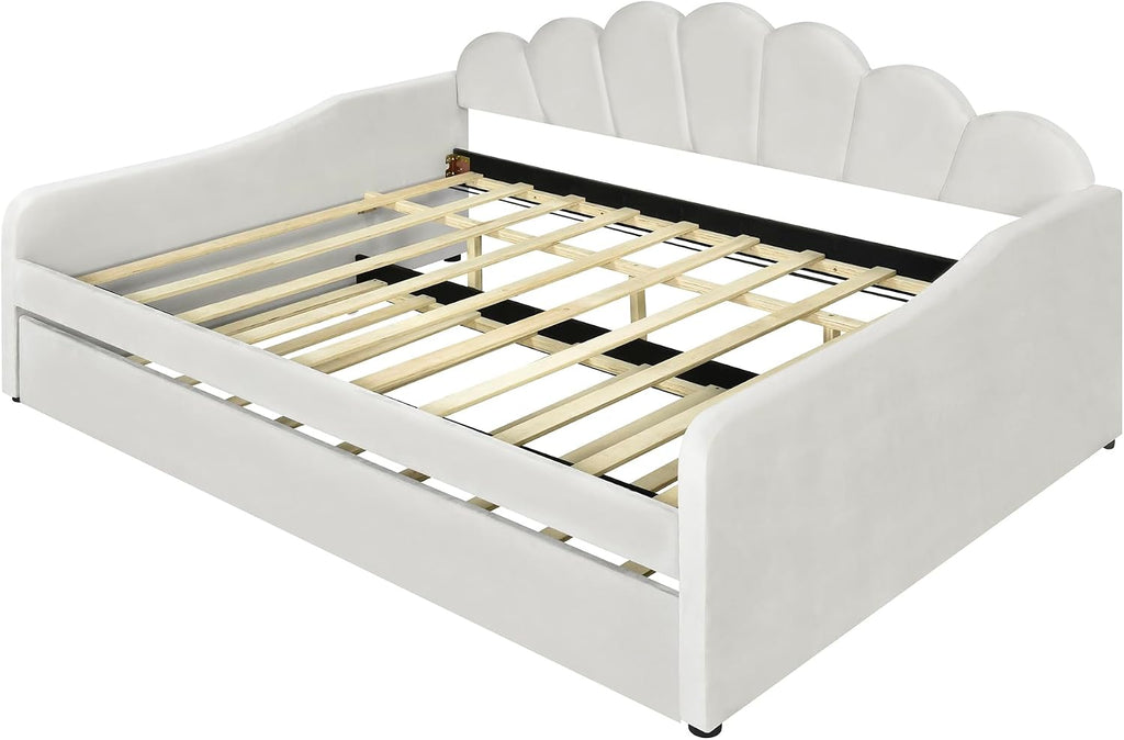 Full Size Daybed with Trundle,Velvet Upholstered Day Bed Frame Full with Shall Shaped Backrest and Wood Slat