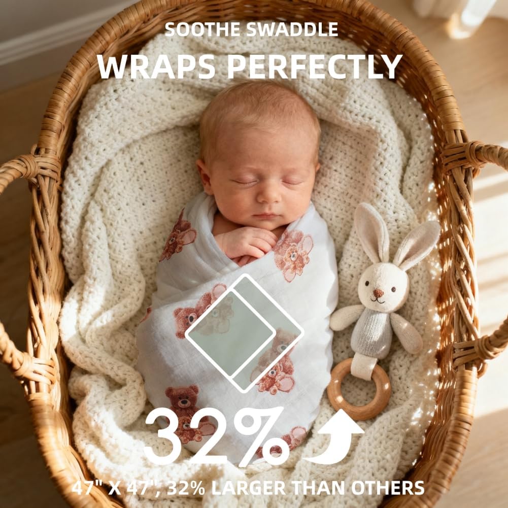 Muslin Swaddle Blankets Bear 100% Cotton Breathable Receiving Blankets Soft and Large 47 x 47 Inches Newborn