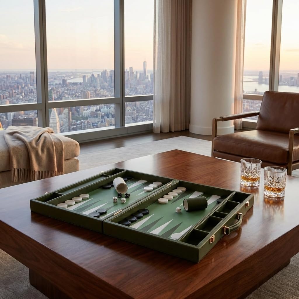 Premium Backgammon Set - 20 Inch Large Backgammon Game with Dice, Doubling Cube & Cups - Green & White Foldable