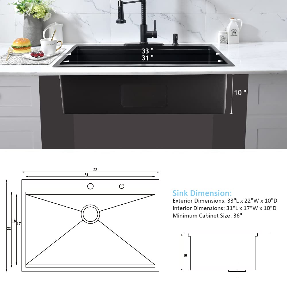 33x22 Black Drop In Workstation Stainless Steel Sink