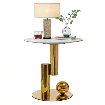 White Gold Round Side Table, 19.7" Faux Marble Sofa End Table, Modern Nightstand, Small Accent Table with Stainless
