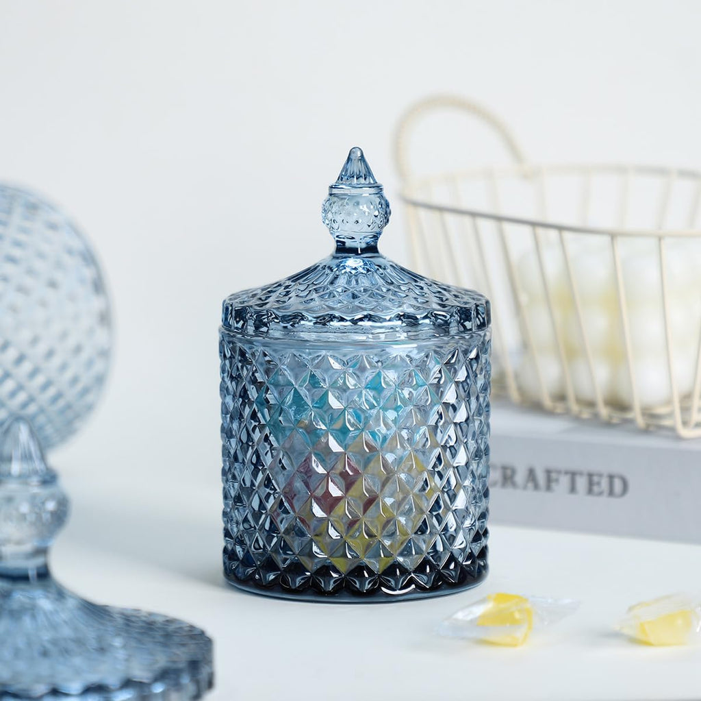 Diamond Faceted Crystal Glass Candy Jar with Lid, Blue Decorative Jar, Jewelry Box, Cotton Swab Storage Holder.