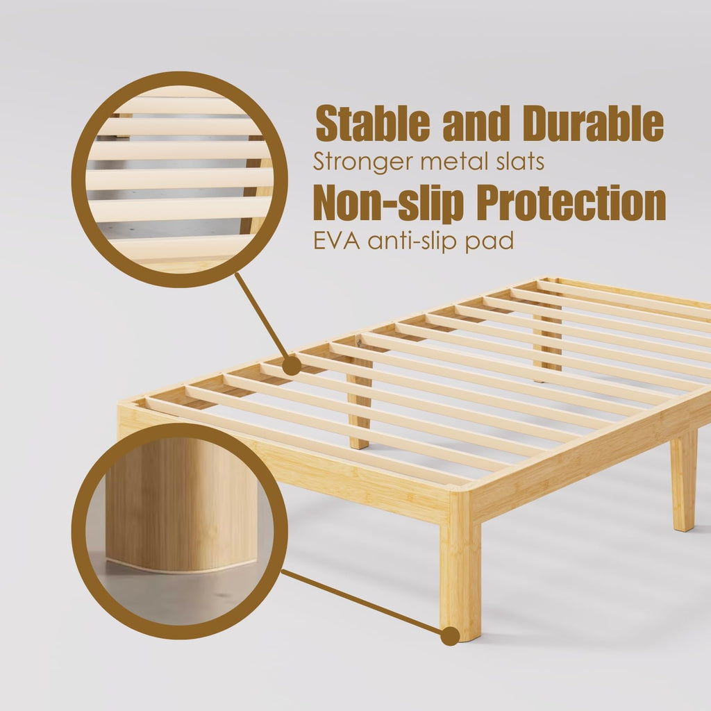 12" Bamboo Wood Twin XL Bed Frame Platform with Metal Slats, Natural