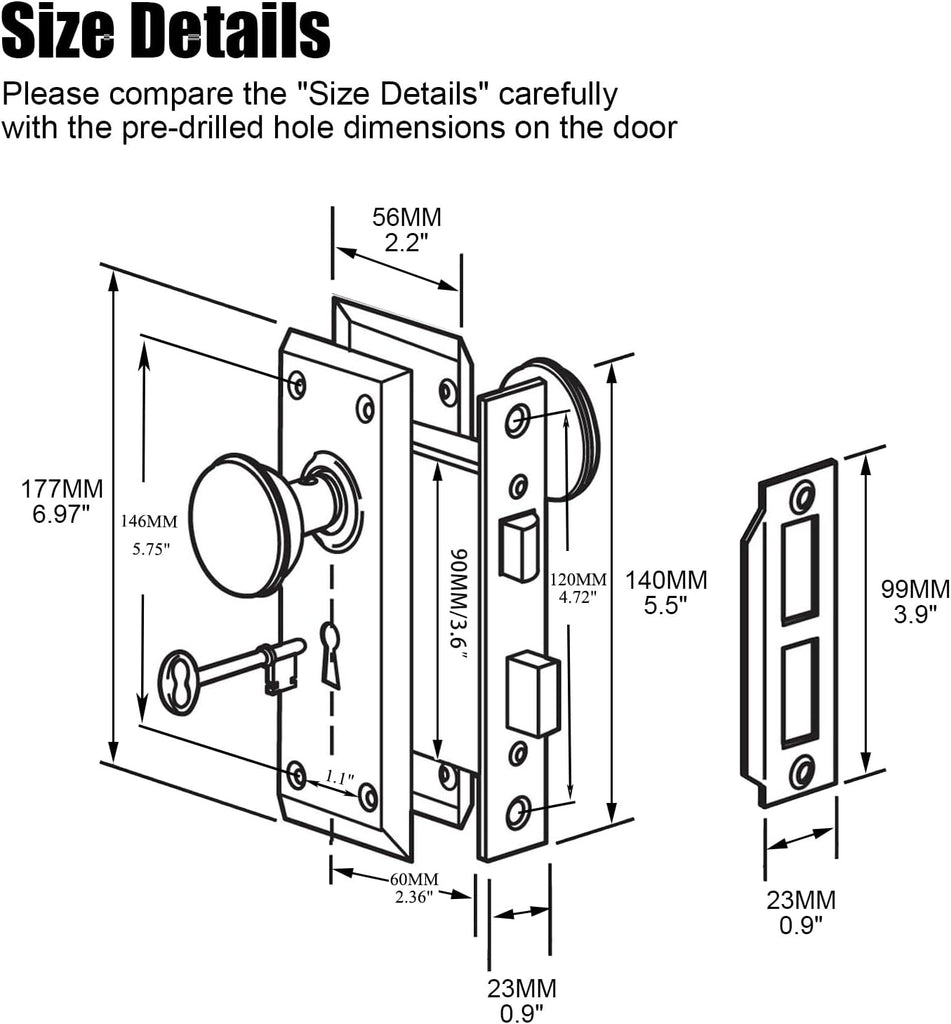 Mortise Lock Set for Interior Door with Crystal Glass Door Knobs