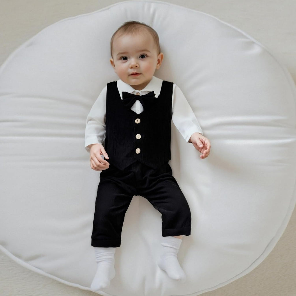 Baby Boy Dress Clothes Long Sleeve Romper Shirt Bowtie Waistcoat Suspender Pants Set Suit Fall Outfits
