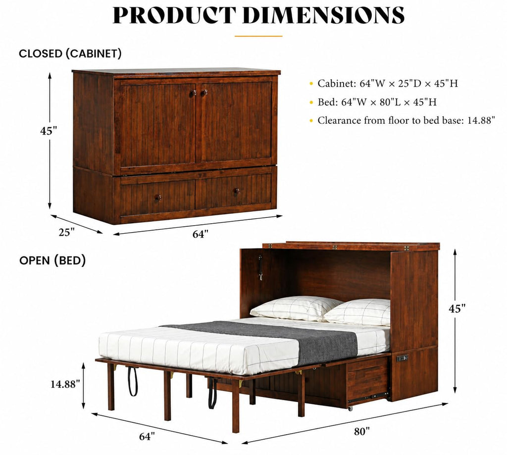 Murphybedz Tuscany Murphy Cabinet Chest Bed with Charging Station 6 Inch (Tobacco, Queen)