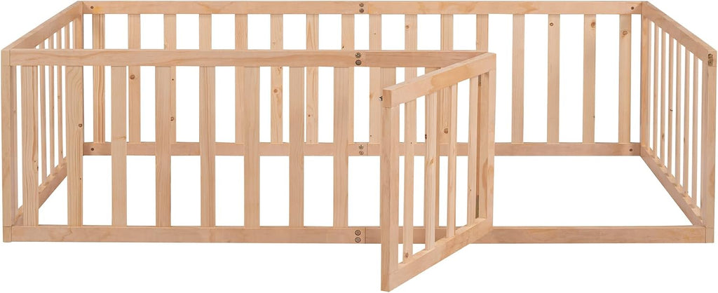 Montessori Floor Bed with 21.7" High Rails, Pine, Plywood Floor Bed with Small Door, Natural