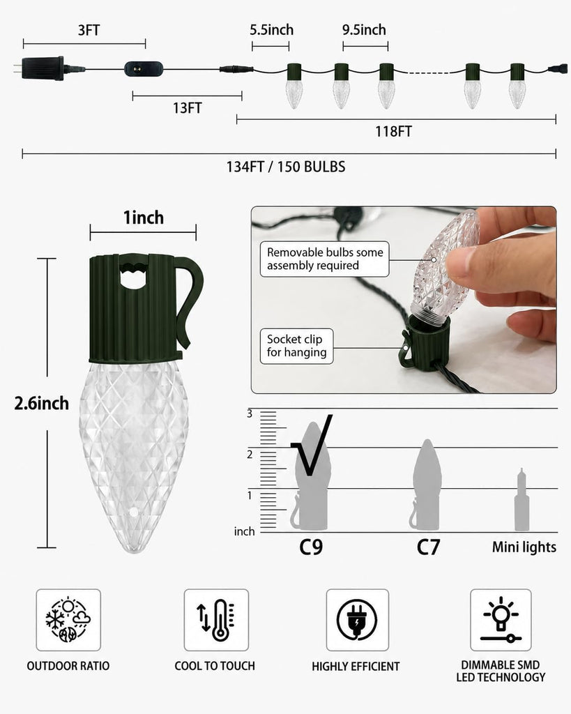 118FT 150 LED Smart C9 Christmas Lights Outdoor, RGB, App Controlled
