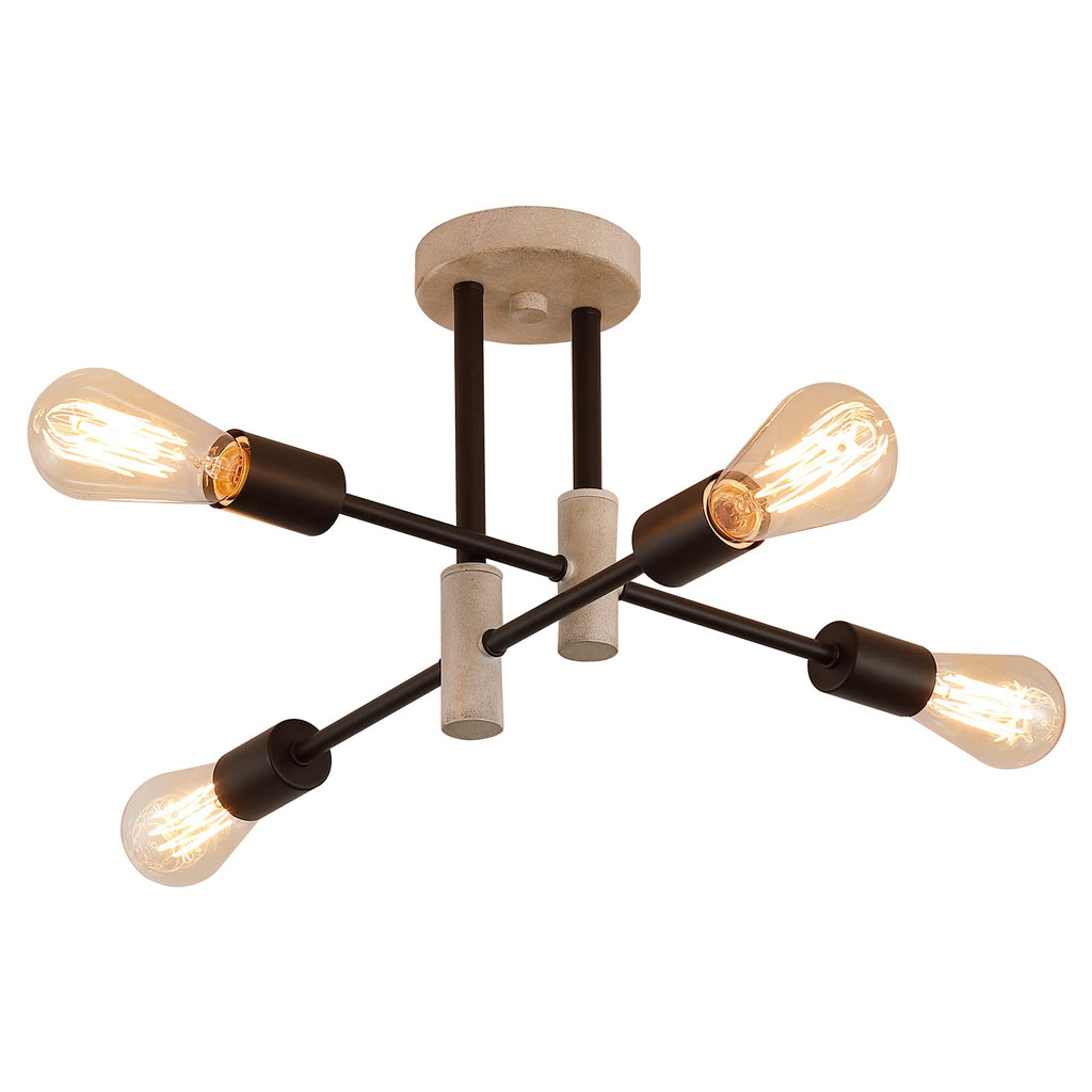 Farmhouse Ceiling Light Fixtures, Oak+Black, 4-Lights Rustic Vintage Metal Sputnik Chandelier Living Room Dining Room