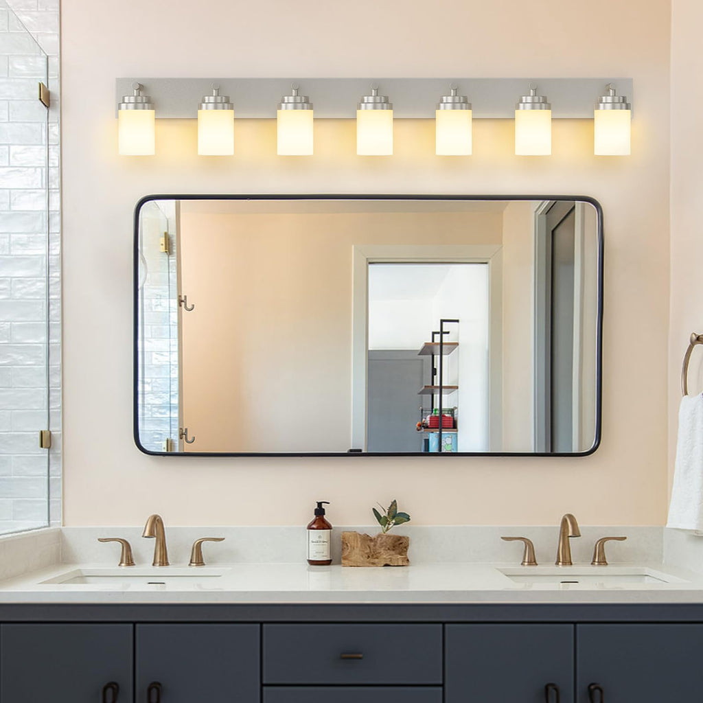 Bathroom Vanity Light Fixture, 7-Light 52 inch Brushed Nickel Bathroom Light Fixtures Over Mirror, with White Glass