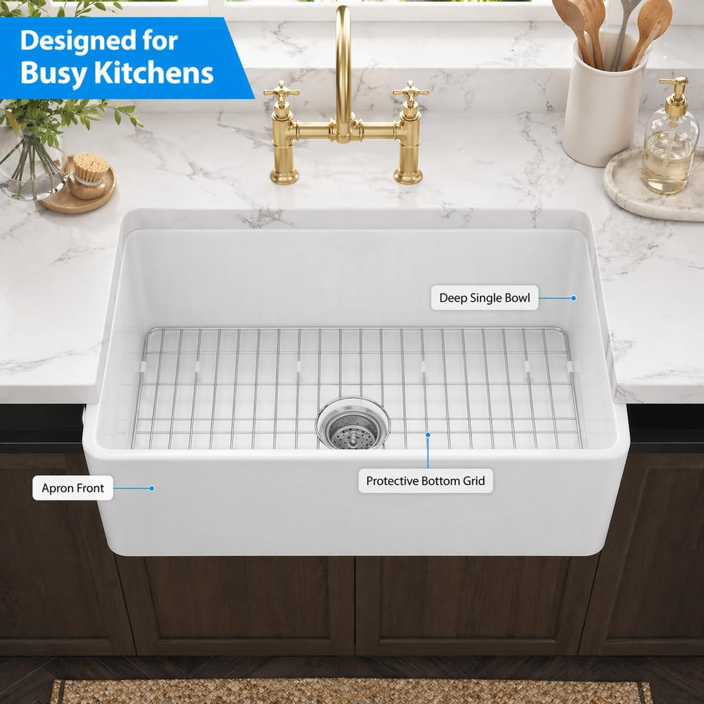 Farmhouse Kitchen Sink 36"x18"x10", Large Deep White Fireclay Single Bowl, Apron Front, Durable & Easy-Clean Ceramic