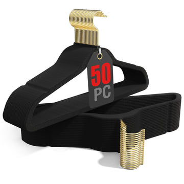 50 Pack Black Velvet Hangers, Felt Hangers with Gold 360°Swivel Hook, Coat Hanger Non Slip, Heavy-Duty, Space Saving, Slim