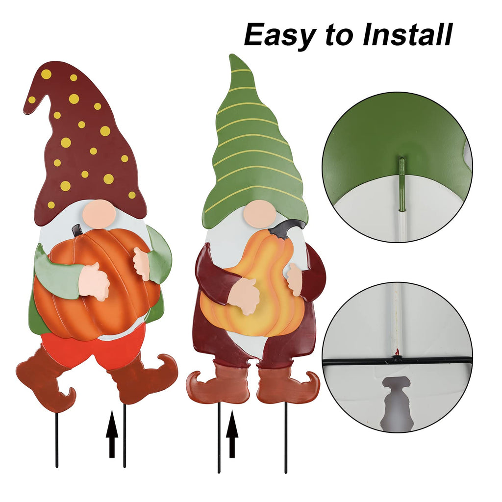 Fall Decorations Outdoor, 2 Pack 25" Decorative Garden Stakes with Gnomes Pumpkin for Fall Decor, Metal Yard Signs