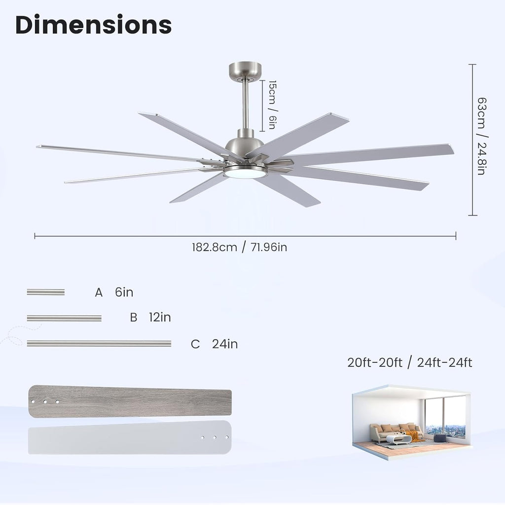 72 inch Large Ceiling Fans with Lights and Remote, Indoor/Outdoor Brushed Nickel Ceiling Fan