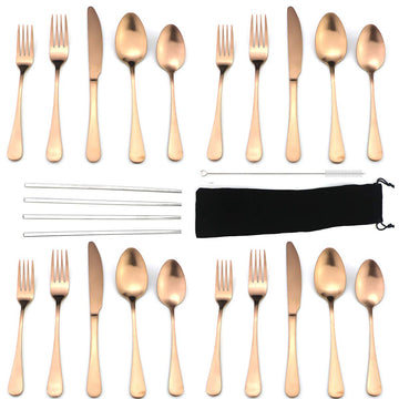 Modern Royal 20 Pcs Matte Rose Gold 18/10 Stainless Steel Utensils Cutlery Dinnerware Set w/ 4 Pcs Straw, Knife Fork