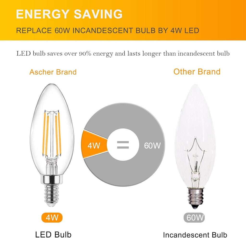 E12 Candelabra LED Light Bulbs 60 Watt Equivalent, Warm White 2700K, Non-Dimmable, 550 Lumen, Clear LED Filament