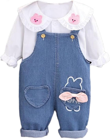 Toddler Boys 2 Piece Denim Romper Sets Baby Cute Collar Embroidered Bunny Shirts Heart Bow Jumpsuits Jean Overall