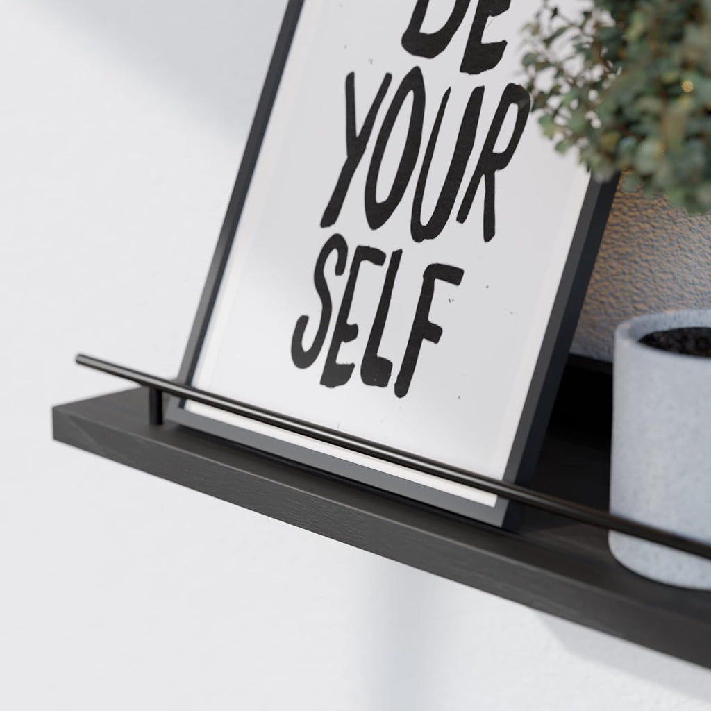 Floating Shelves 24 inch with Gold Metal Guardrail, Shelves for Wall Decor Set of 3, Wall Shelves , Plants, Picture