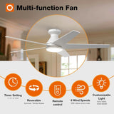 Ceiling Fans with Lights, 52 inch Low Profile Ceiling Fan with Light and Remote Control, Flush Mount, Reversible, 3CCT, Dimmable, Noiseless, White Ceiling Fan for Bedroom, Indoor/Outdoor Use A103-B0CLNNMX79