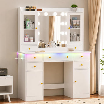 White Makeup Vanity Desk with Mirror and Lights, Smart RGB Light | Vanity Table with Charging Station & 7 Drawers