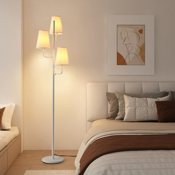 Traditional Floor Lamp :3 Light Linen Country Rustic Floor Lamp, White Standing Lamp with Foot Switch, Country