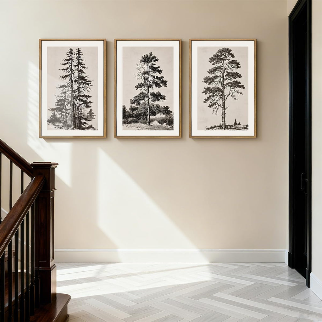 Vintage Tree Sketch Framed Canvas Wall Art 24x36 Inch Neutral Wilderness Forest Paintings Retro Botanical Wall Decor
