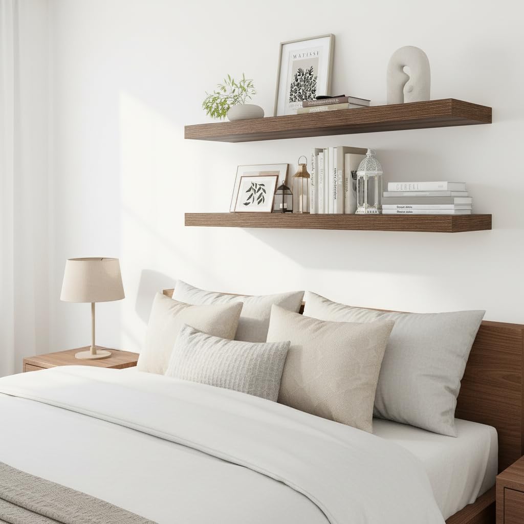 Walnut Floating Shelves for Wall 12 Inch Deep, 36" X 12" X 2" Floating Shelf, 2 Inch Thick Shelf Bathroom Bedroom