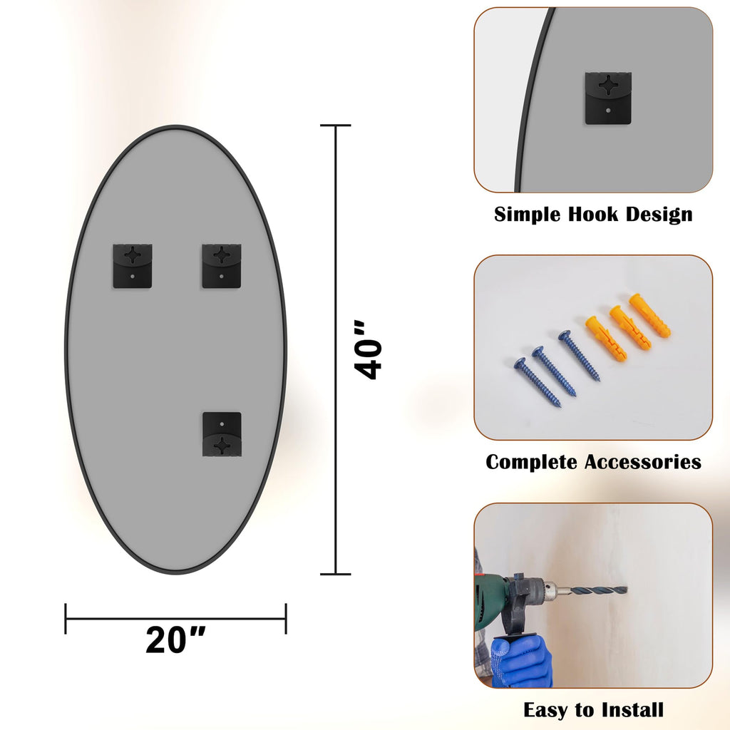Bathroom Mirrors, 20" x40" Black Mirrors, Oval Vanity Mirrors, Metal Framed Wall Mounted Mirrors, Vertical/Horizontal