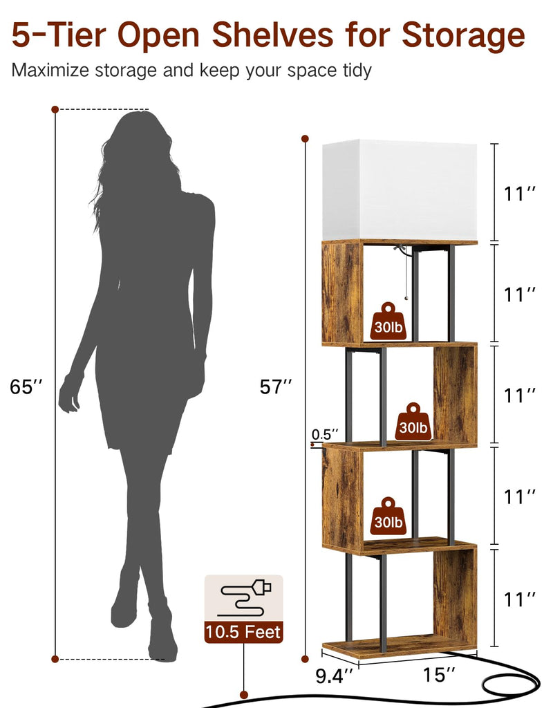 Floor Lamp with Shelves & Remote, Dimmable S-Shaped Bookshelf with 3 Color Temperature, 1-Hour Timer, Tall