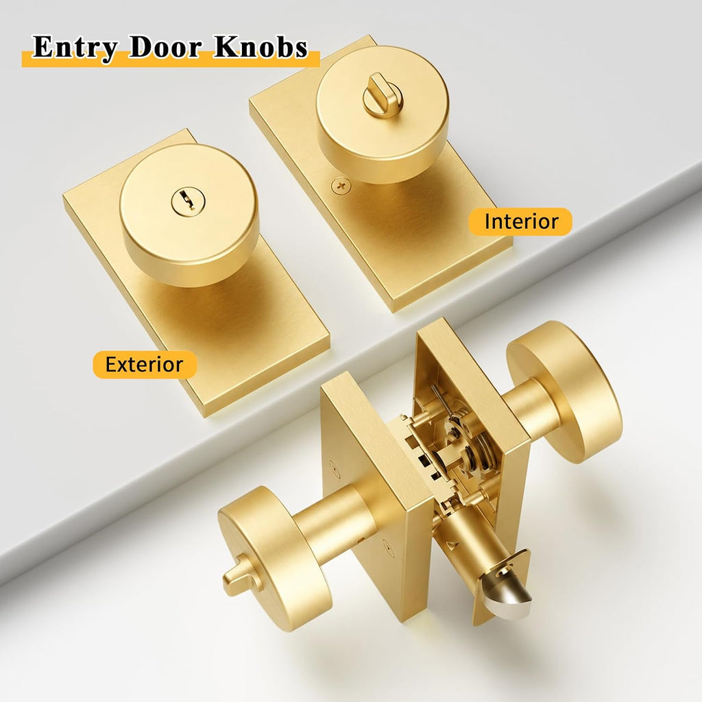 Keyed Alike Exterior Door Knob with Lock and Key, Satin Brass