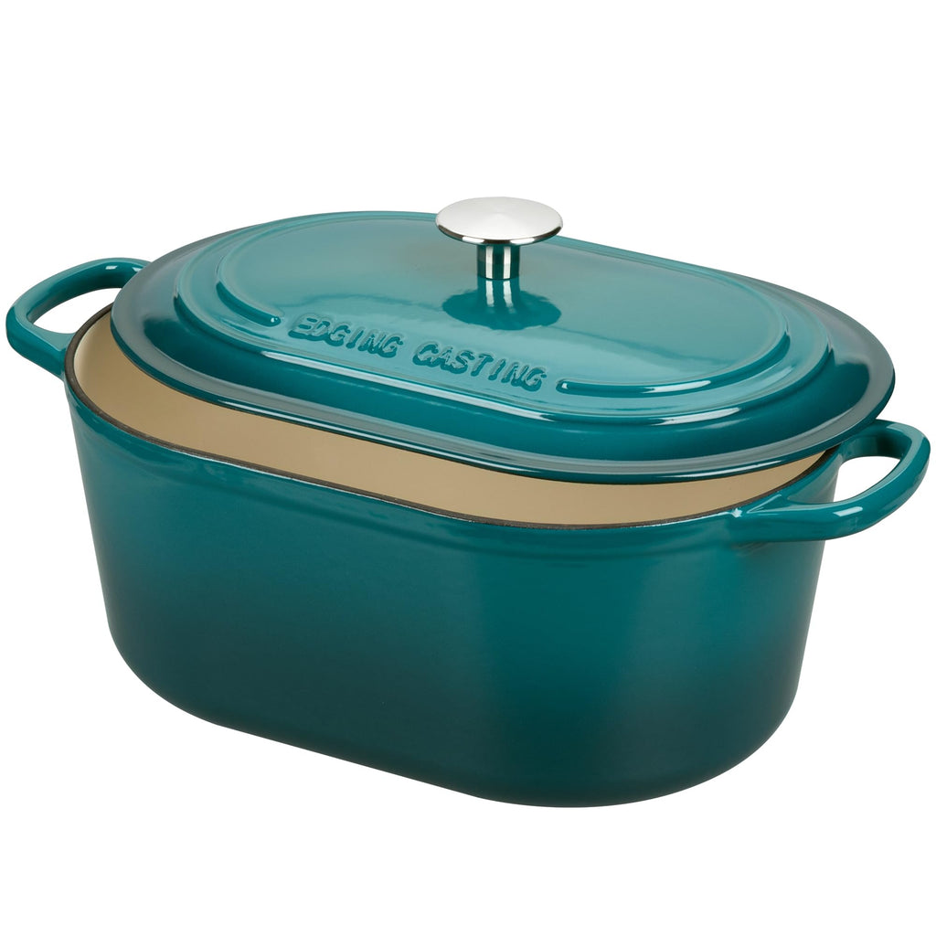 Enameled Cast Iron Oval Dutch Oven, 6QT, Darkcyan