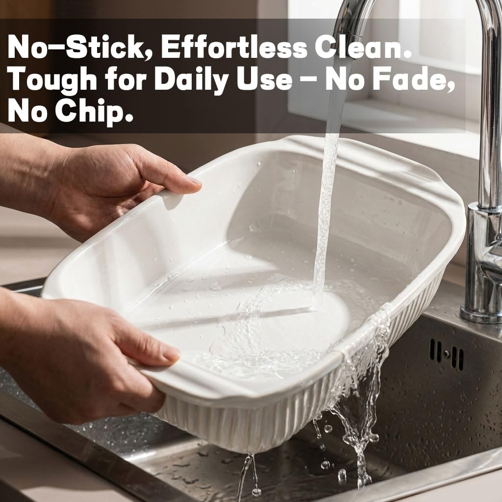 5.1 Qt Ceramic Casserole Dish with Lid, Deep Baking Dish, White