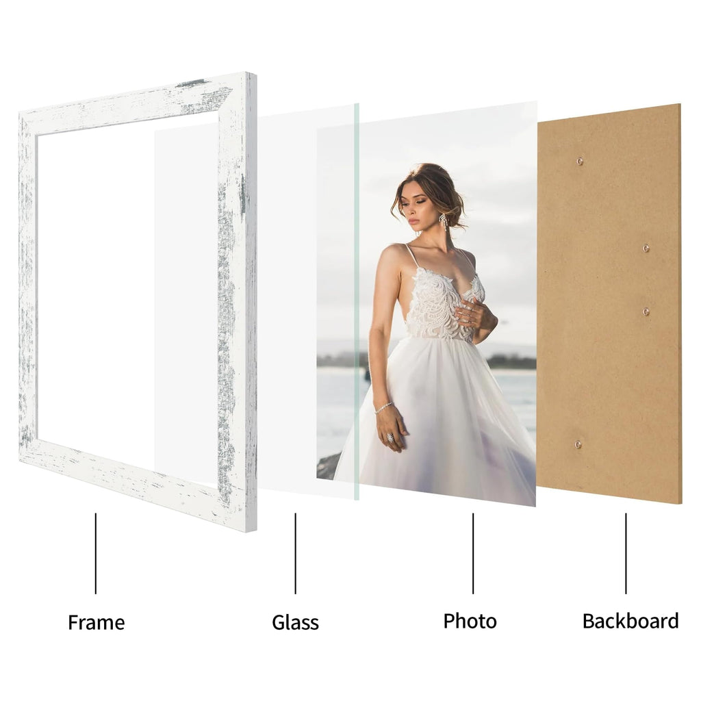 8.5x11 Picture Frame Set of 4, Distressed White Certificate Frame with Real Glass, Wood Photo Frames 8.5 by 11