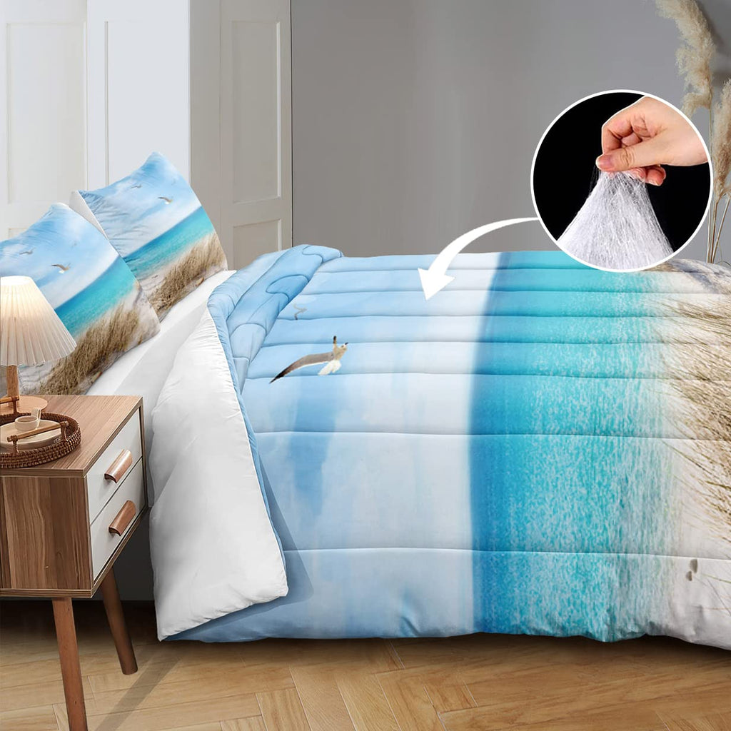 Ocean Comforter Set 4 Pieces Coastal Bedding Set Blue Hawaii Island Scenery Design Ocean Beach