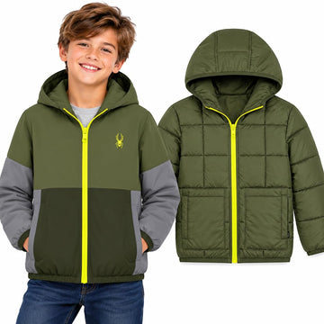 Boys Puffer Jacket - Wind Resistant Quilted Full Zip with Pockets