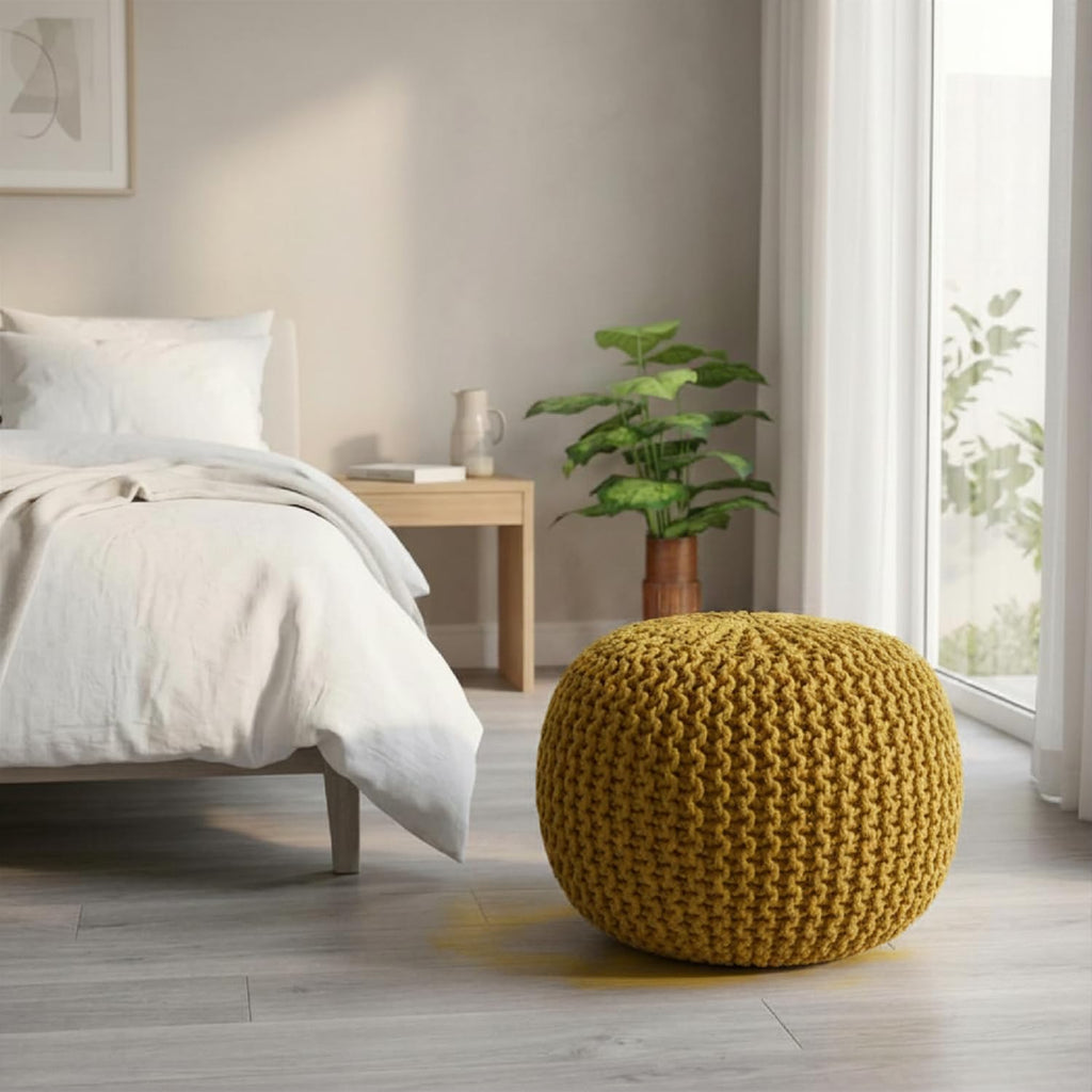 Round Knitted Pouf - Chunky Knit Ottoman & Floor Cushion, Round Stuffed Pouf Ottoman, Foot Stool Storage Ottoman, 18"