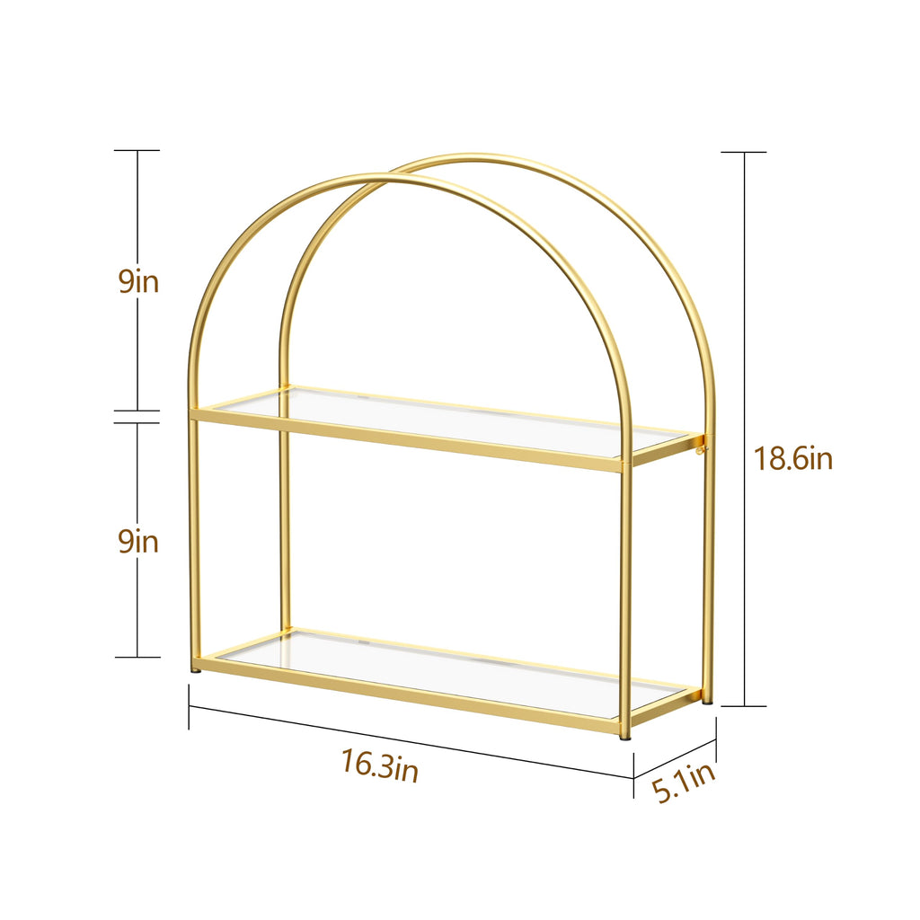2-Tier Arched Wall Shelf with Gold Frame & Transparent Shelves