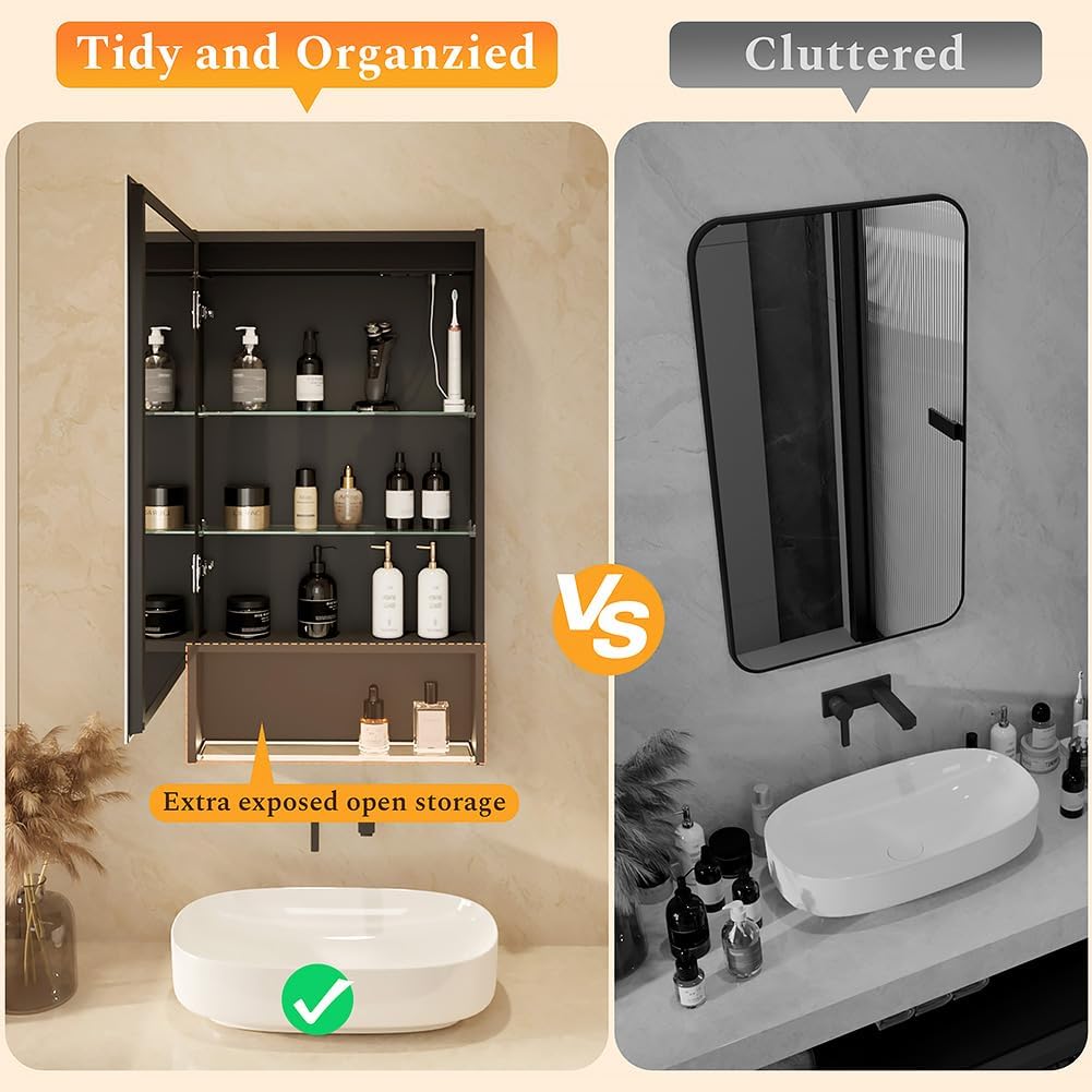 20"×34" Lighted Medicine Mirror Cabinet with Storage Adjustable Brightness 3 Color Temperature Lighting Anti-Fog