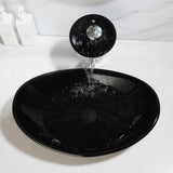 Black Oval Bathroom Vessel Sink Tempered Glass Washing Bowl Combo Above Counter Chrome Waterfall Faucet Pop Up Drain Set