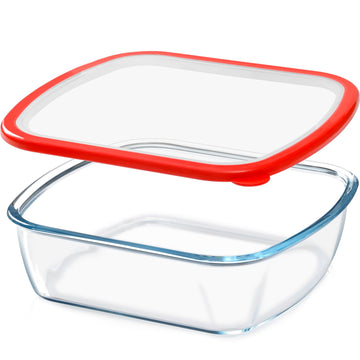 2.7 QT Square Glass Baking Dish with Red Lid, 9x9 Deep Oven-Safe Dish