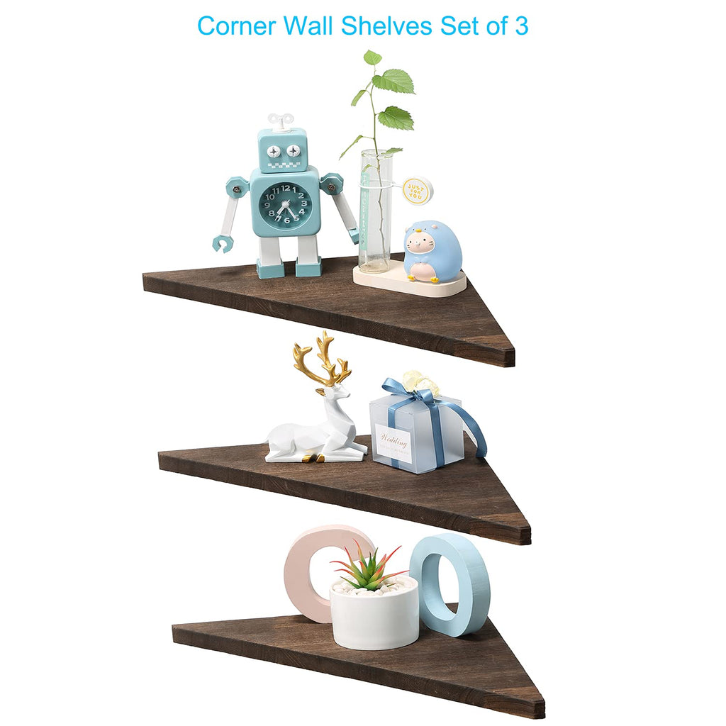 Corner Wall Shelf Set of 3, Floating Corner Shelves, Rustic Wood Wall Storage Display Shelves (Dark Brown)