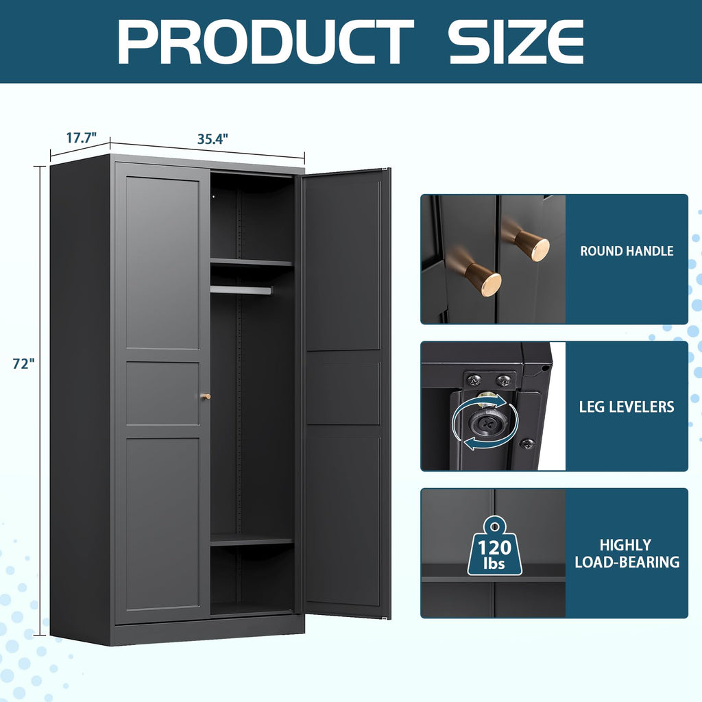 Wardrobe Closet with 2 Doors, 72" Metal Wardrobe Cabinet with Hanging Rod, Bedroom Armoires Laundry Room and Office