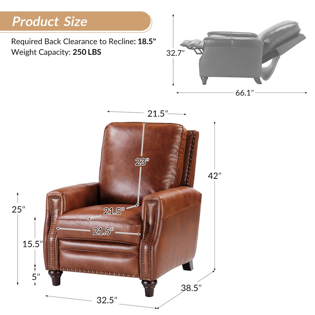 Genuine Leather Manual Recliners Set of 2 with Wood Leg, Saddle