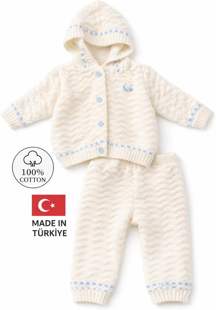 Knit Outfit Set - 100% Cotton Hooded Cardigan & Pants, Soft Two-Piece Infant Set, Made in Türkiye