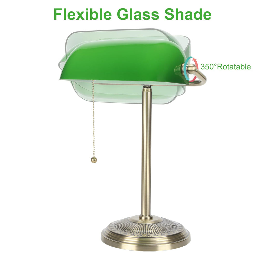 Bankers Lamp, Brass Finish with Pull Switch, Green Glass Shade