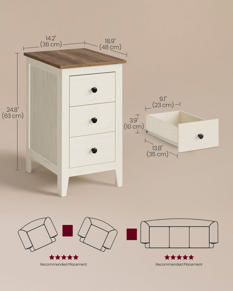 Side End Table with 3 Storage Drawers, Nightstand Farmhouse