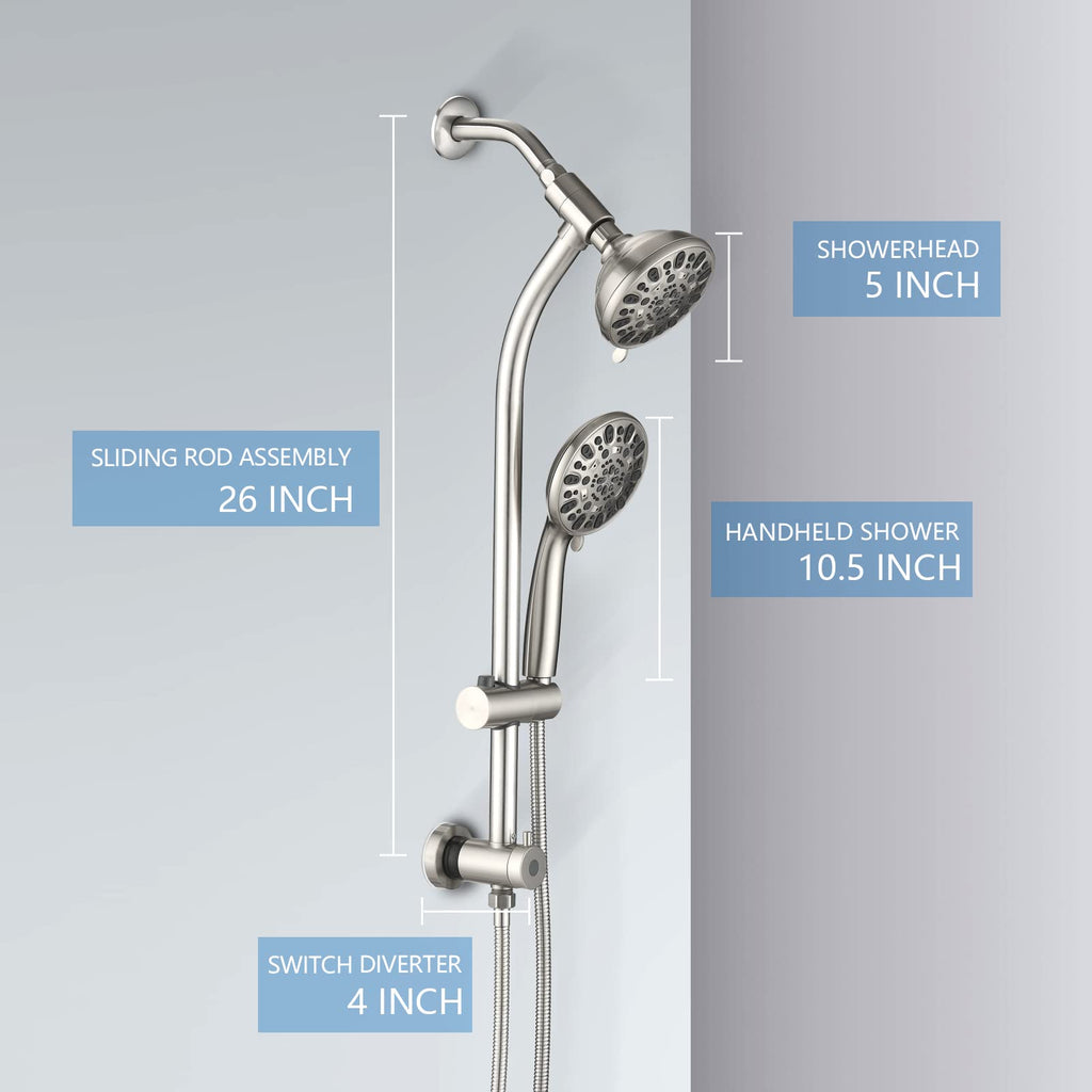 High Pressure 48-Settings Shower Head with Handheld Shower,Drill-Free 3-Way Diverter for Easy Reach,Adjustable Height