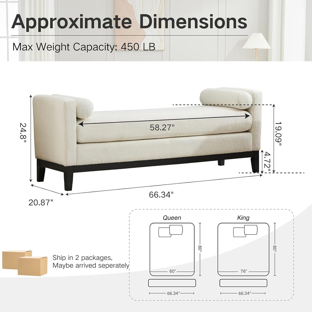 66.34" End of Bed King Size Bench Boucle with Black Legs, White. | Entryway Bench Ottoman Upholstered King Size Seat