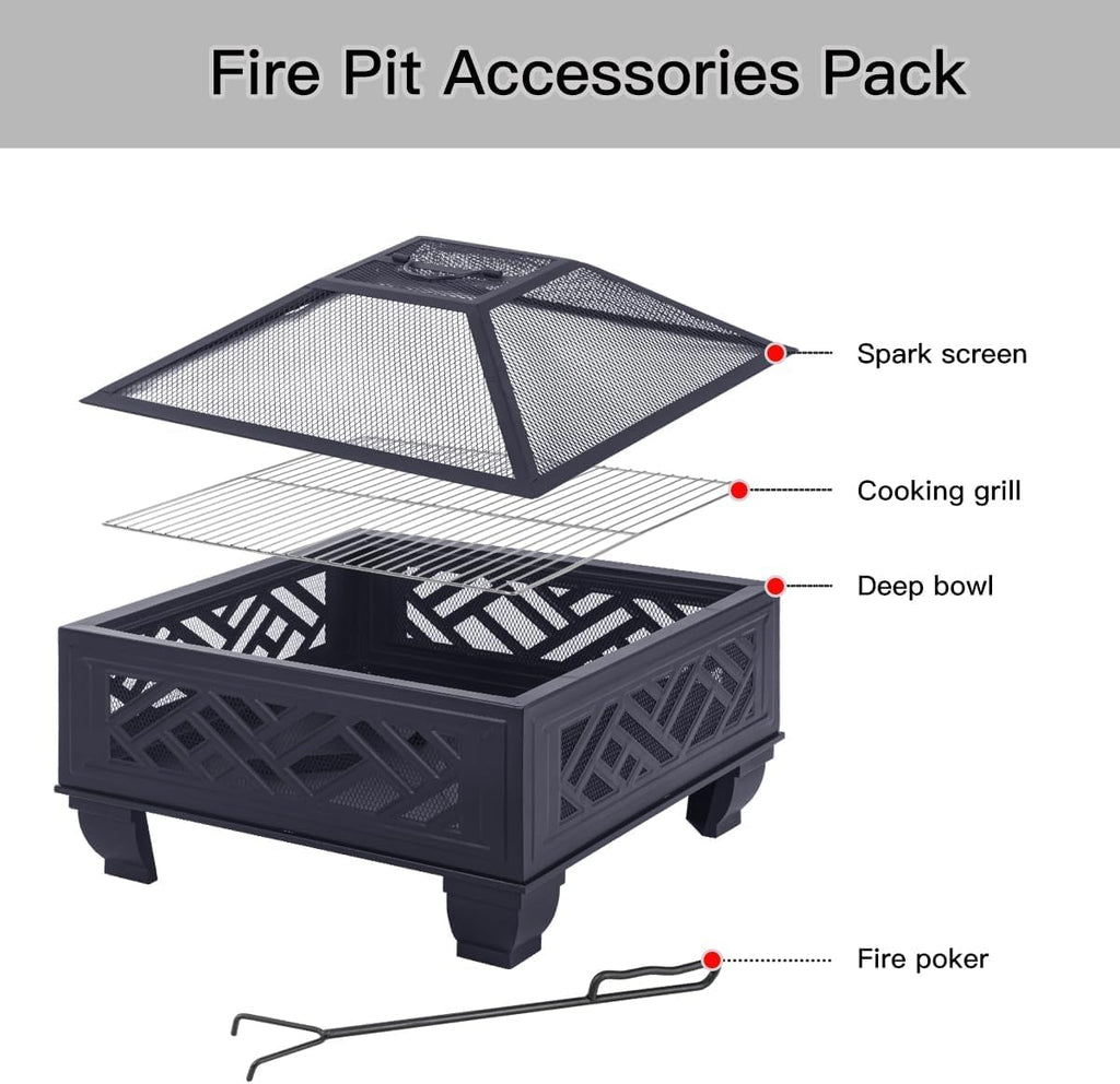 Update Version 26 Inch Wood Burning Fire Pit with Cooking Grill and Spark Screen, Outdoor Metal Firepit